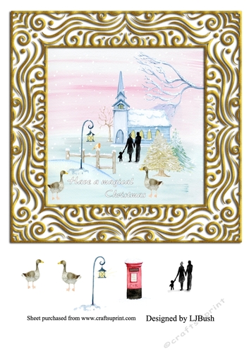 Beautiful Xmas scene in Gold frame 8 x 8 card front