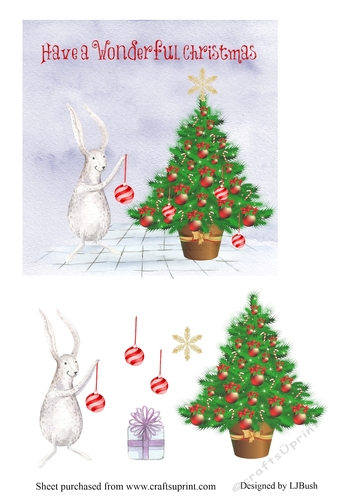 Sweet rabbit decorating Xmas tree scene 6 inch Quick card front
