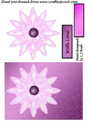 Pink Lace Flower on Purple Filigree Background