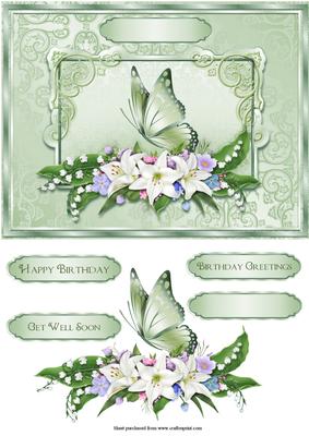 Green Butterfly and Florals Quick Card with Decoupage