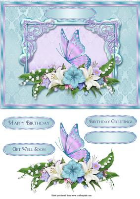 Blue/pink Butterfly and Florals Quick Card with Decoupage