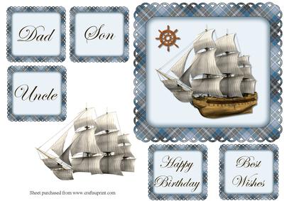 Sailing Ship Blue Decoupage Quick Card Front