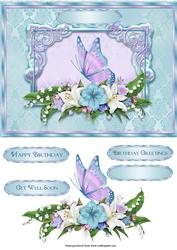 Blue/pink Butterfly and Florals Quick Card with Decoupage