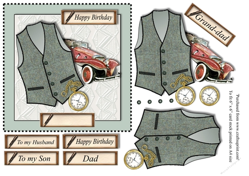 Male birthday card with green herringbone Harris Tweed waistcoat,pocket watch and vintage car topper for 6x6 card
