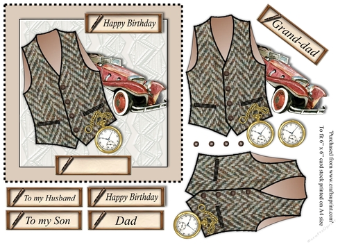 Male birthday card with brown herringbone Harris Tweed waistcoat,pocket watch and vintage car topper for 6x6 card