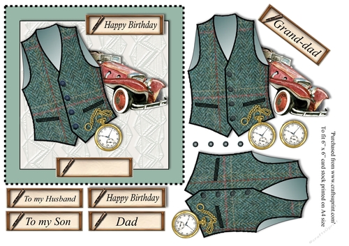 Male birthday card with green check herringbone Harris Tweed waistcoat,pocket watch and vintage car topper for 6x6 card