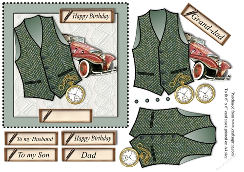 Male birthday card with green herringbone Harris Tweed waistcoat,pocket watch and vintage car topper for 6x6 card