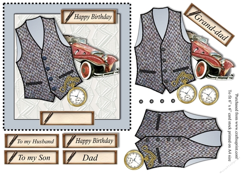 Male birthday card with grey Harris Tweed waistcoat,pocket watch and vintage car topper for 6x6 card