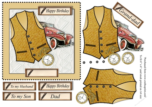 Male birthday card with mustard herringbone Harris Tweed waistcoat,pocket watch and vintage car topper for 6x6 card