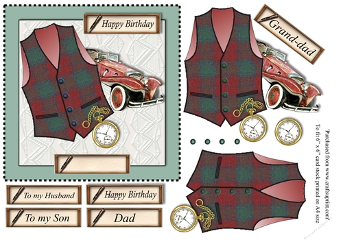 Male birthday card with red & green Harris tweed textured waistcoat,pocket watch and vintage car topper for 6x6 card