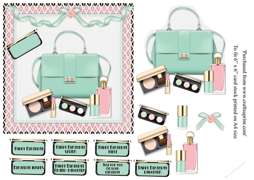 Female birthday card handbag & make up topper for 6x6 card