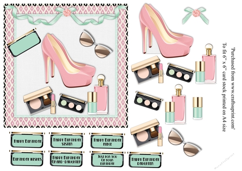 Female birthday card shoes & make up topper for 6x6 card