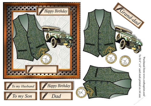 Male birthday card in wooden frame with green herringbone Harris Tweed waistcoat,pocket watch and vintage car topper for 6x6 card