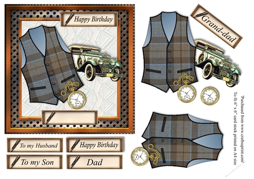 Male birthday card in wooden frame with Outlander style tartan waistcoat,pocket watch and vintage car topper for 6x6 card