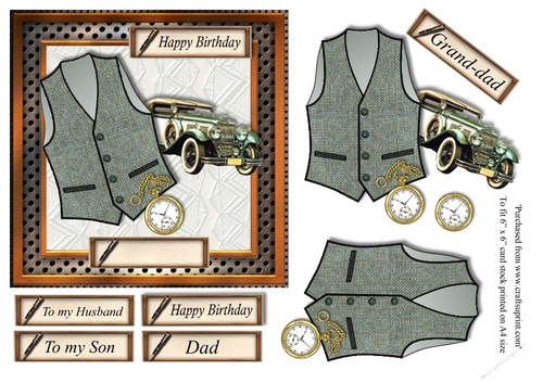 Male birthday card in wooden frame with green Harris tweed textured waistcoat,pocket watch and vintage car topper for 6x6 card
