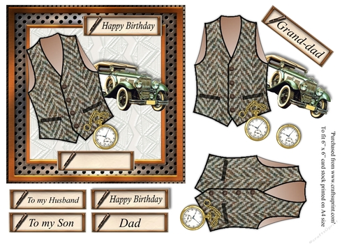 Male birthday card in wooden frame with brown herringbone Harris tweed textured waistcoat,pocket watch and vintage car topper for 6x6 card
