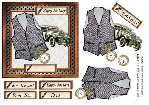 Male birthday card in wooden frame with grey Harris tweed textured waistcoat,pocket watch and vintage car topper for 6x6 card