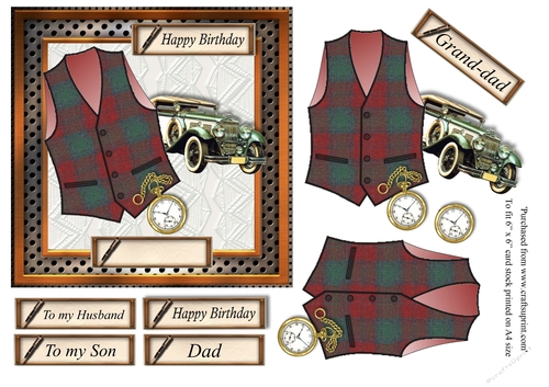 Male birthday card in wooden frame with red and green check Harris tweed textured waistcoat,pocket watch and vintage car topper for 6x6 card