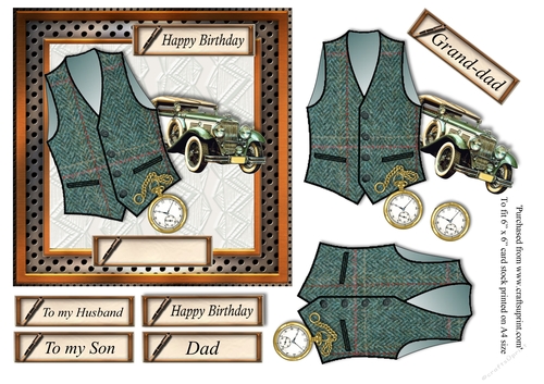 Male birthday card in wooden frame with green check Harris tweed textured waistcoat,pocket watch and vintage car topper for 6x6 card