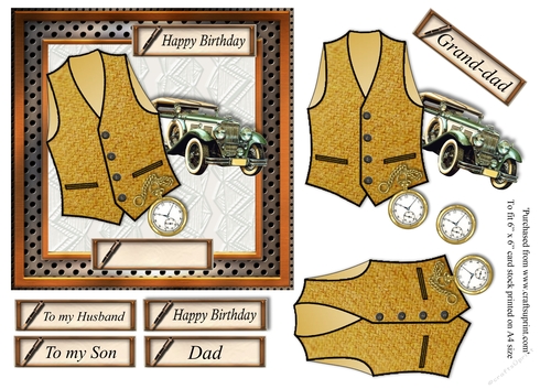 Male birthday card in wooden frame with mustard Harris tweed textured waistcoat,pocket watch and vintage car topper for 6x6 card