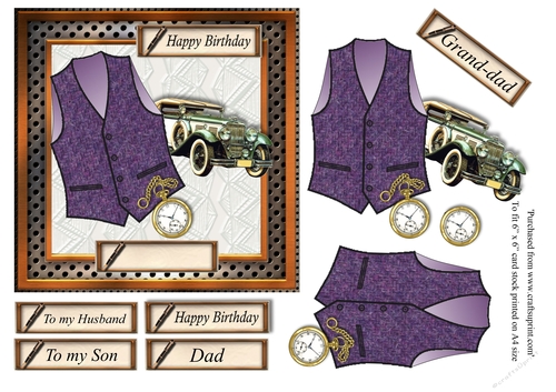 Male birthday card in wooden frame with purple Harris tweed textured waistcoat,pocket watch and vintage car topper for 6x6 card