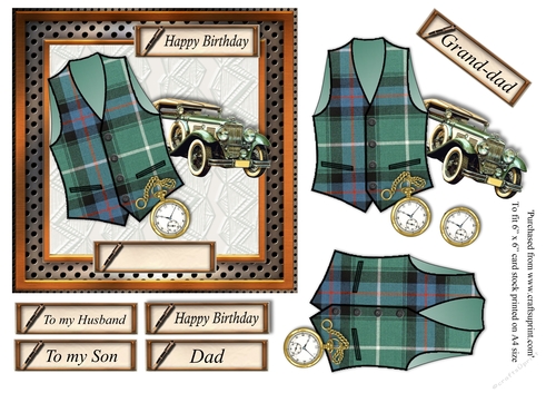 Male birthday card in wooden frame with green tartan waistcoat,pocket watch and vintage car topper for 6x6 card