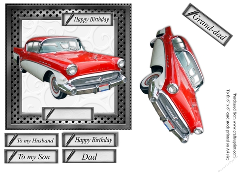Male birthday card in frame red classic car topper for 6x6 card