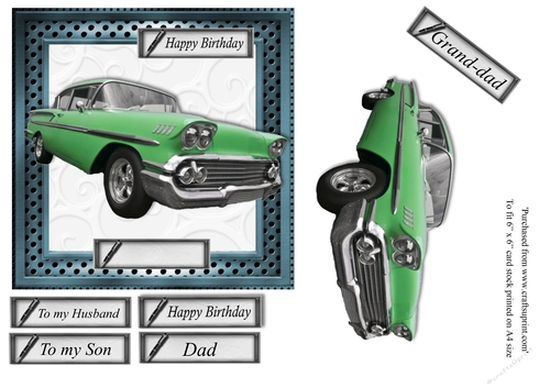 Male birthday card in frame green classic car topper for 6x6 card
