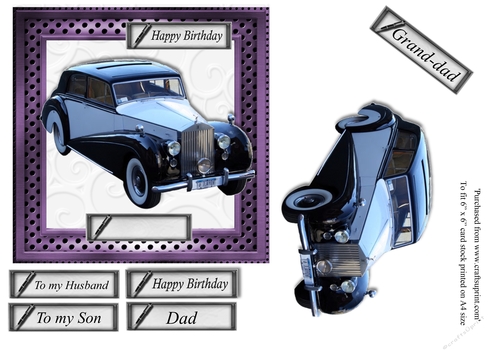 Male birthday card in frame Rolls Royce classic car topper for 6x6 card