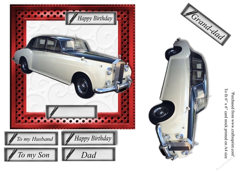 Male birthday card in frame white Rolls Royce classic car topper for 6x6 card