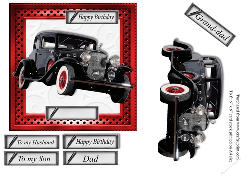 Male birthday card in black classic car topper for 6x6 card