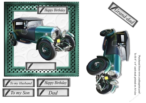 Male birthday card in green vintage car topper for 6x6 card