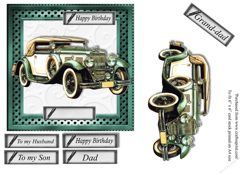 Male birthday card in green vintage car topper for 6x6 card