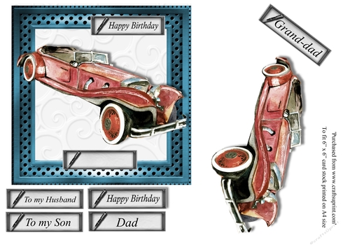 Male birthday card in brown vintage car topper for 6x6 card