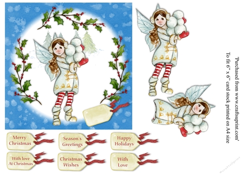Childrens Christmas Fairy with snowballs 6x6 topper with various greeting tags