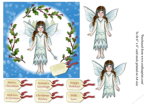 Childrens Christmas Fairy with magic wand 6x6 topper with various greeting tags