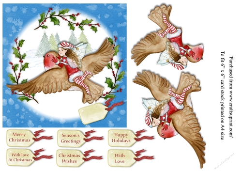 Childrens Christmas Fairy flying on a robins back 6x6 topper with various greeting tags