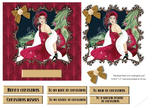 Art Deco female Christmas card topper for 6x6 card