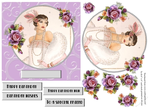 Art Deco female birthday card topper for 6x6 card with roses