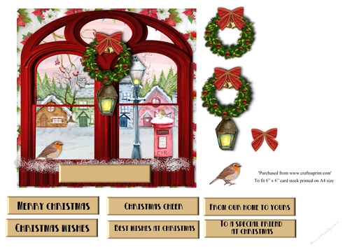 Christmas window scene topper with robins and lantern for 6x6 card