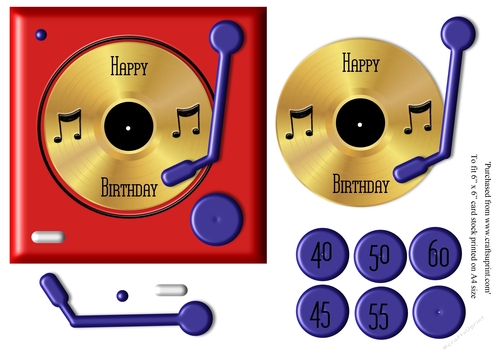 Unisex birthday card with gold disc and record turntable topper for 6x6 card