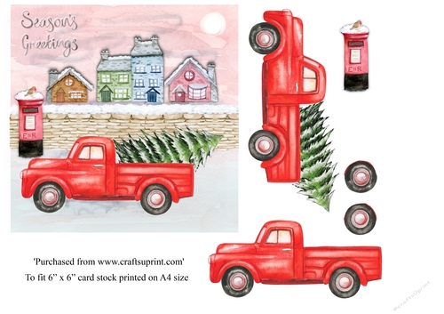Red Truck bringing home Christmas tree scene topper for 6x6 card
