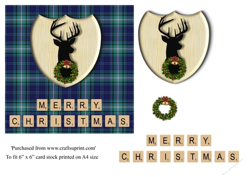 Merry Christmas card in blue and green tartan, stag emblem, wreath and scrabble letters topper for 6x6 card