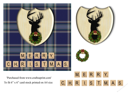 Merry Christmas card in blue tartan, stag emblem, wreath and scrabble letters topper for 6x6 card