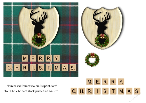 Merry Christmas card in green tartan, stag emblem, wreath and scrabble letters topper for 6x6 card