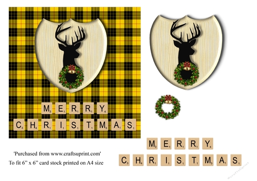 Merry Christmas card in MacLeod tartan, stag emblem, wreath and scrabble letters topper for 6x6 card