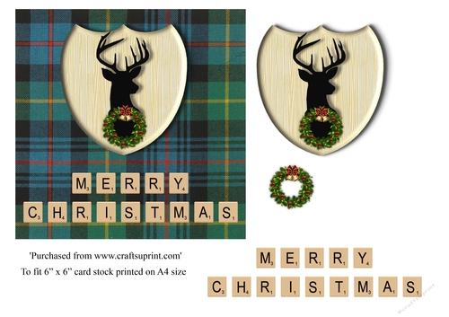 Merry Christmas card in MacDonald tartan, stag emblem, wreath and scrabble letters topper for 6x6 card