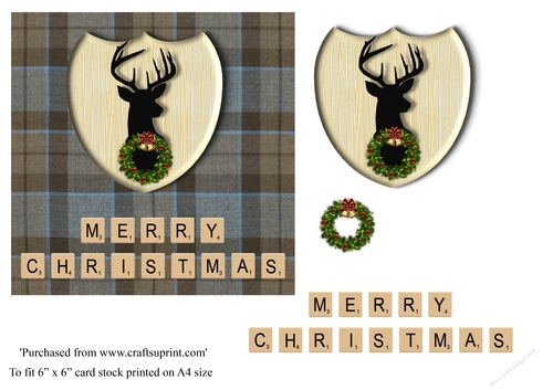 Merry Christmas card in Outlander tartan, stag emblem, wreath and scrabble letters topper for 6x6 card