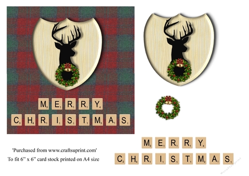 Merry Christmas card in red & green Harris Tweed tartan, stag emblem, wreath and scrabble letters topper for 6x6 card