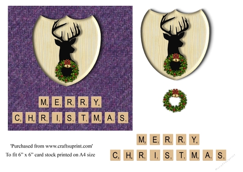 Merry Christmas card in Purple Harris Tweed , stag emblem, wreath and scrabble letters topper for 6x6 card